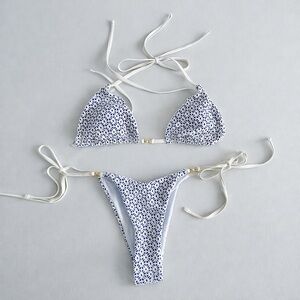 Blue & White Triangle Brazilian Style Bikini Set w/ Pearl Gold Detail Swimwear